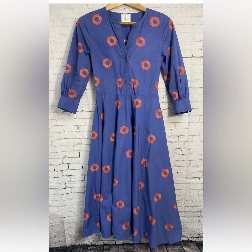 Nimo With Love Blue Long Dress Floral 3/4 Long Sleeve Size Women Small